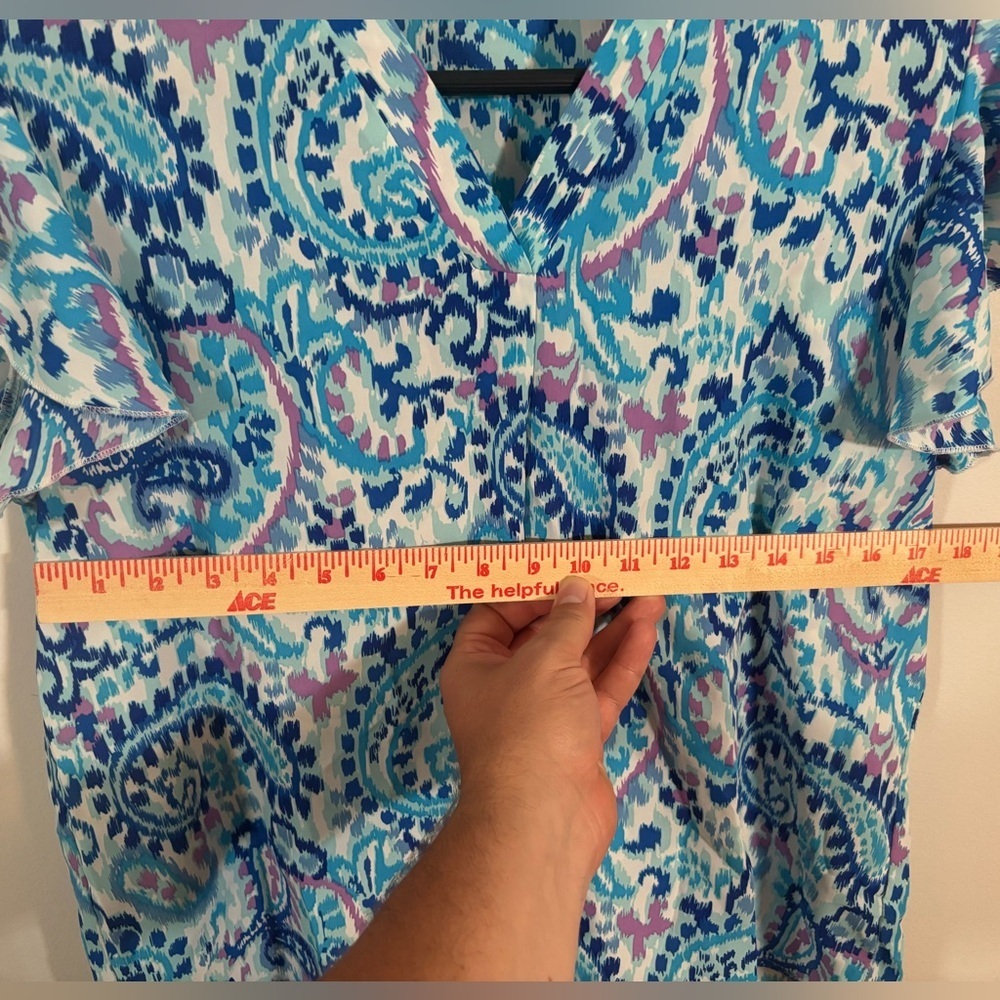 Boho Paisley Flutter Sleeve V-Neck Blouse Top Blue Pink Size Large - Picture 8 of 8